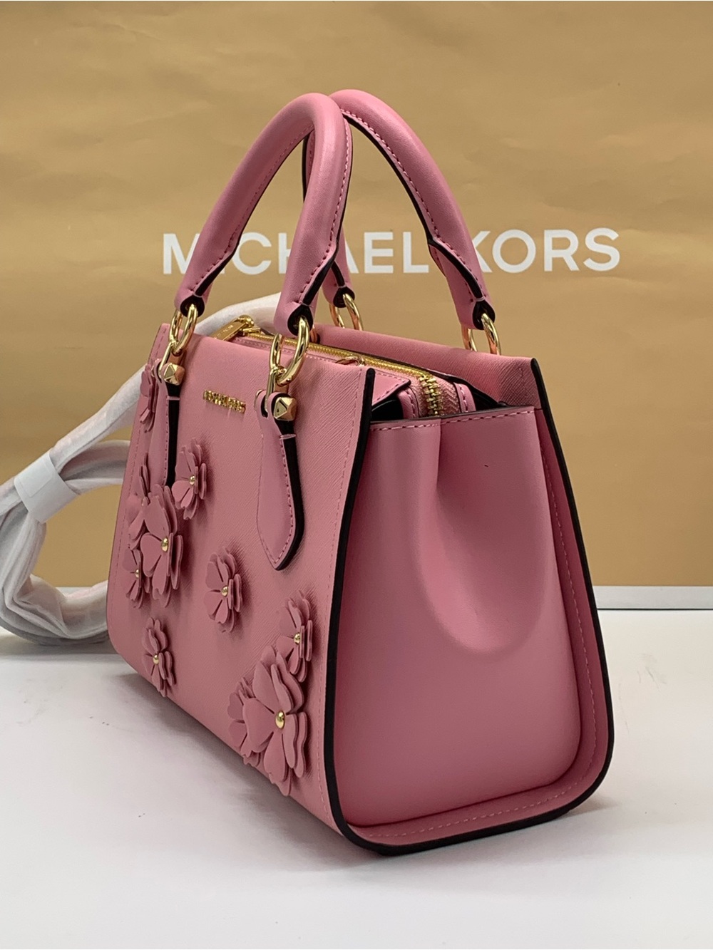 NWT Michael Kors Marilyn Small Floral Embellished Satchel Carnation color - Picture 4 of 13